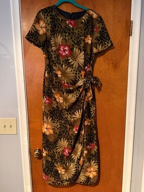 Tie-Waist Floral Midi Dress in Olive Green